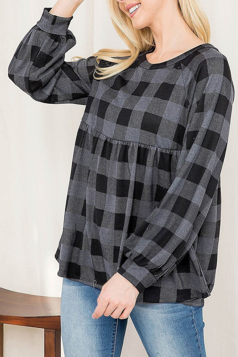 Puff sleeve plaid shirring top (EF2896)