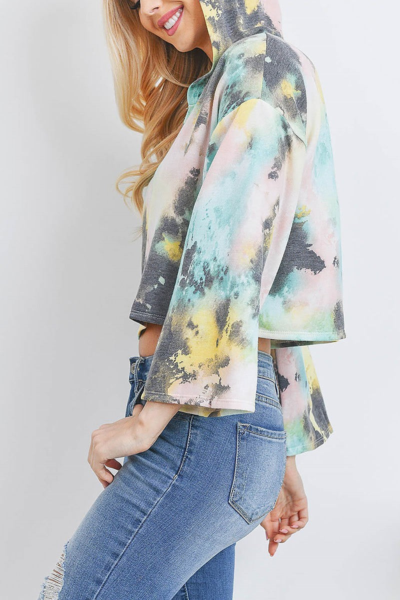 Tie dye bell sleeve hoodie crop top (EF2649)