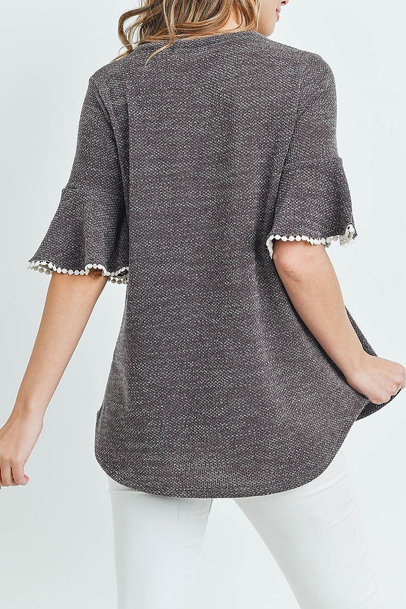 Lace detail bell sleeves round hem drake top (ED8614-1)