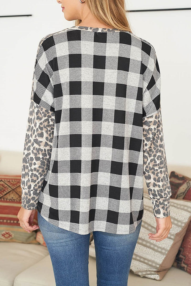 Leopard long sleeve plaid top with sequin pocket (EF2396)