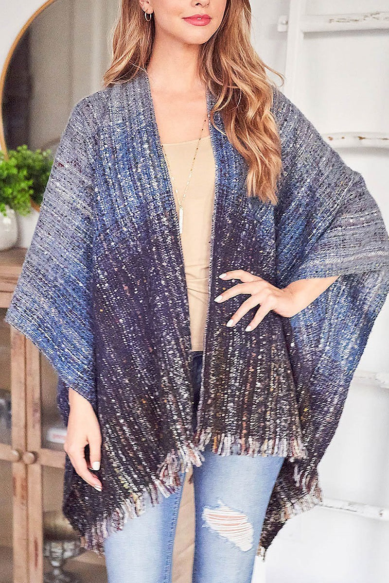 Fringe detail plaid poncho kimono (DGS5582)