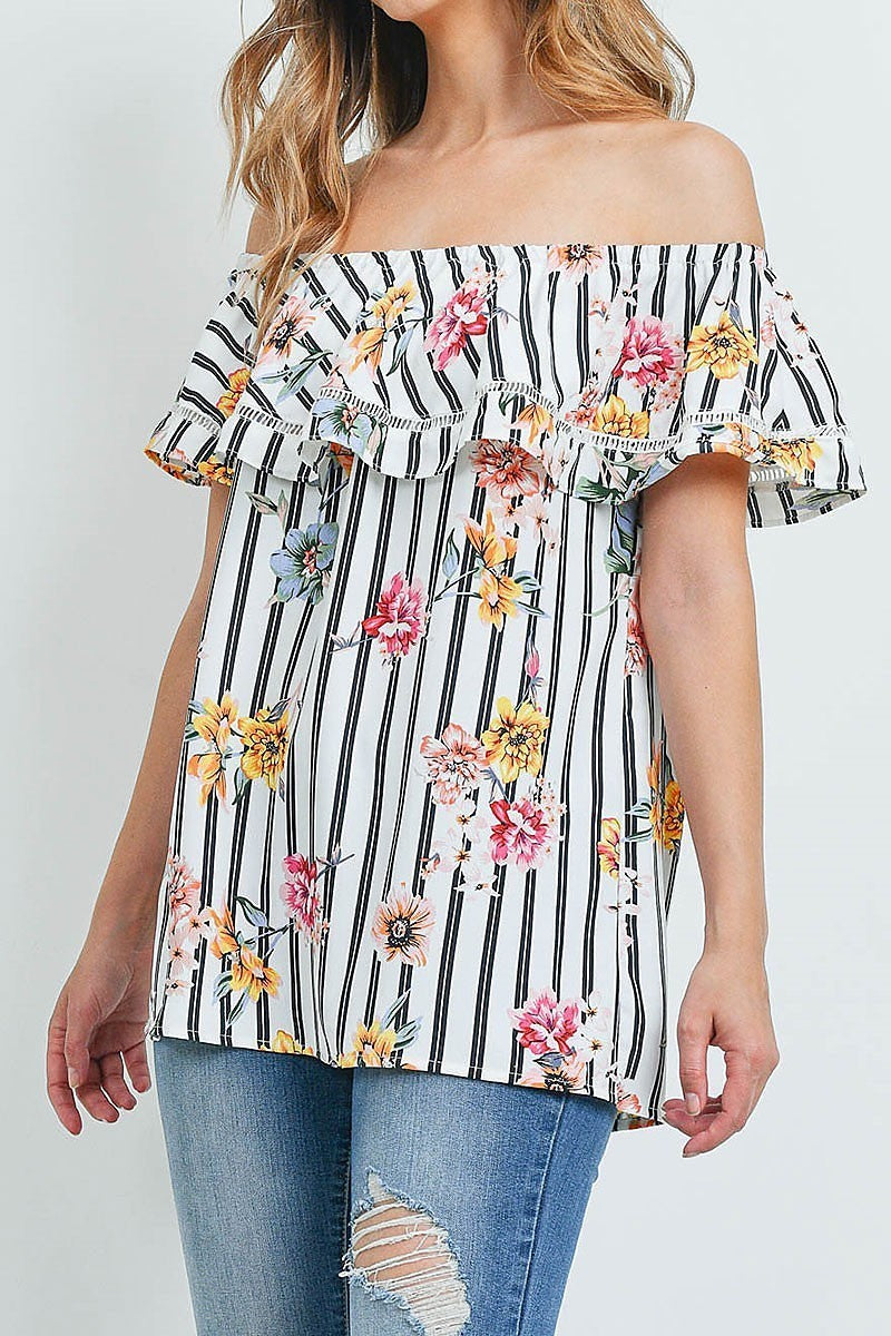 Off shoulder ruffle detail floral stripe top (ED8987-O3)