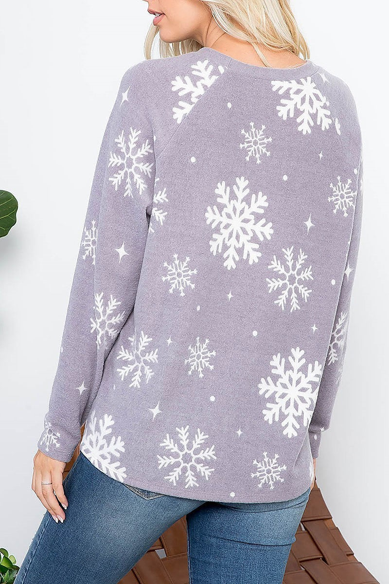 Snowflakes print long sleeve cashimer top (EF2398)