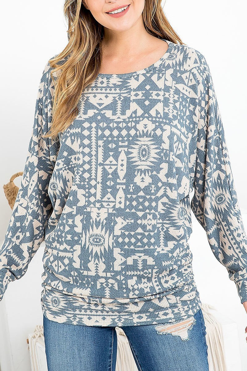 Scoop neck aztec print long sleeve top (EF2775)