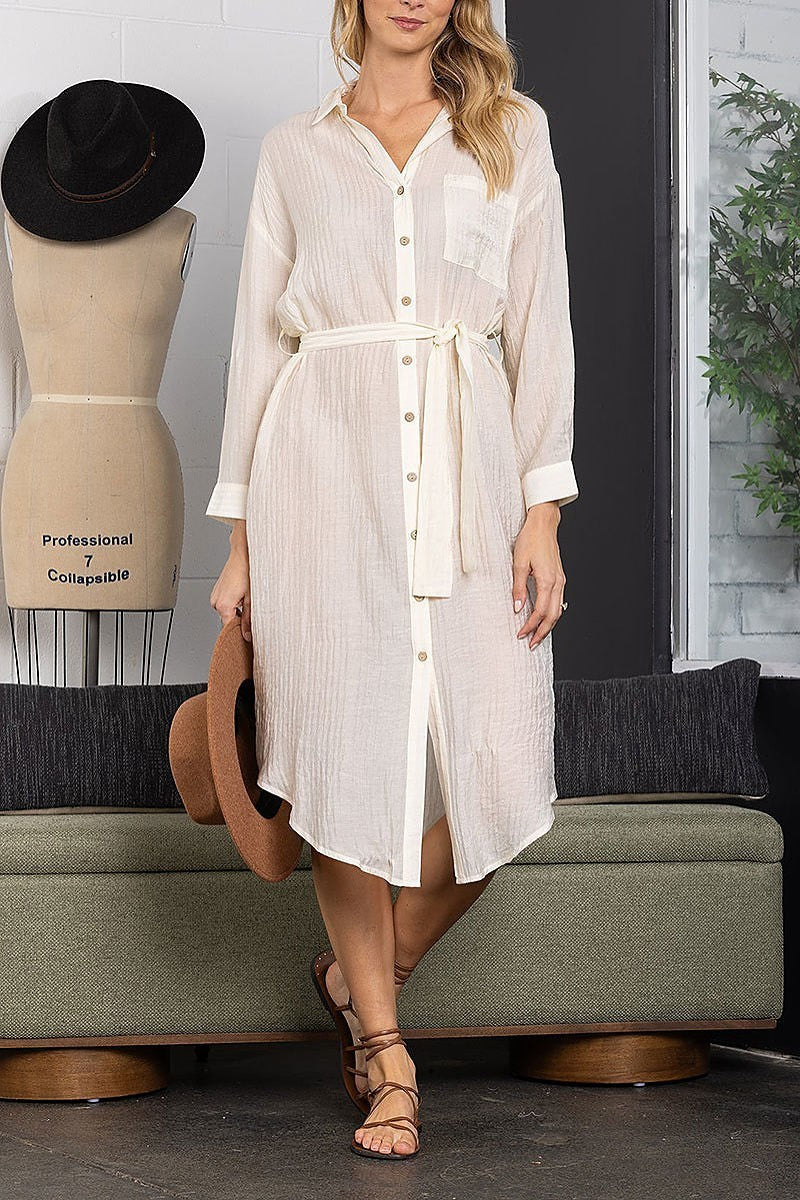 Collared linen long sleeves maxi dress (EDSW3878)