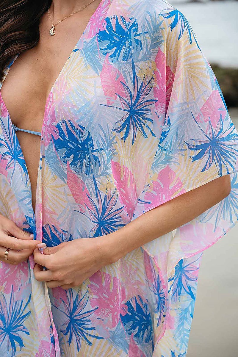 Short sleeve open front leaf print kimono (EGWT1037)