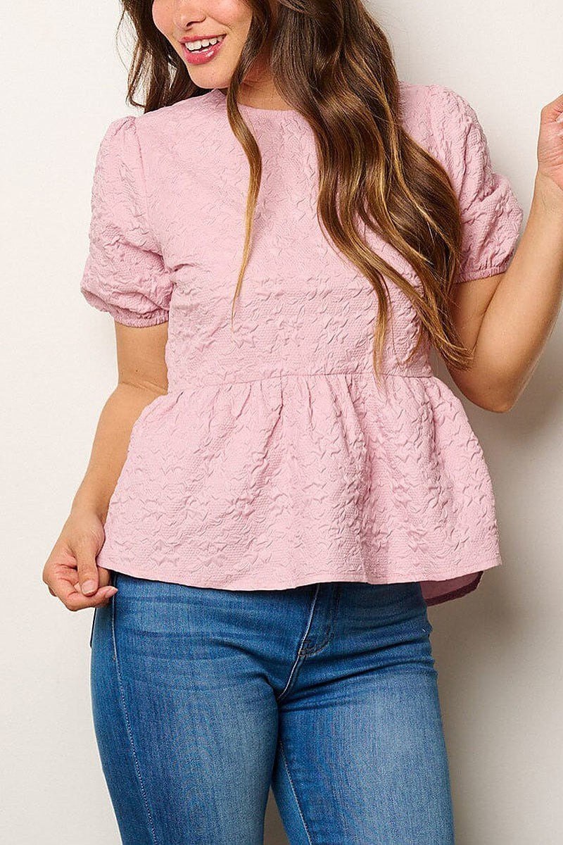 Short puff sleeve peplum blouse top (EFWT8048)