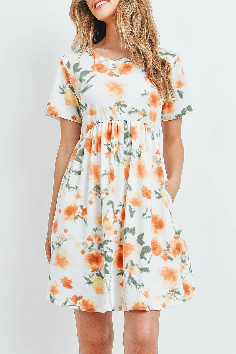 Painterly floral print short sleeves dress (DED6047)