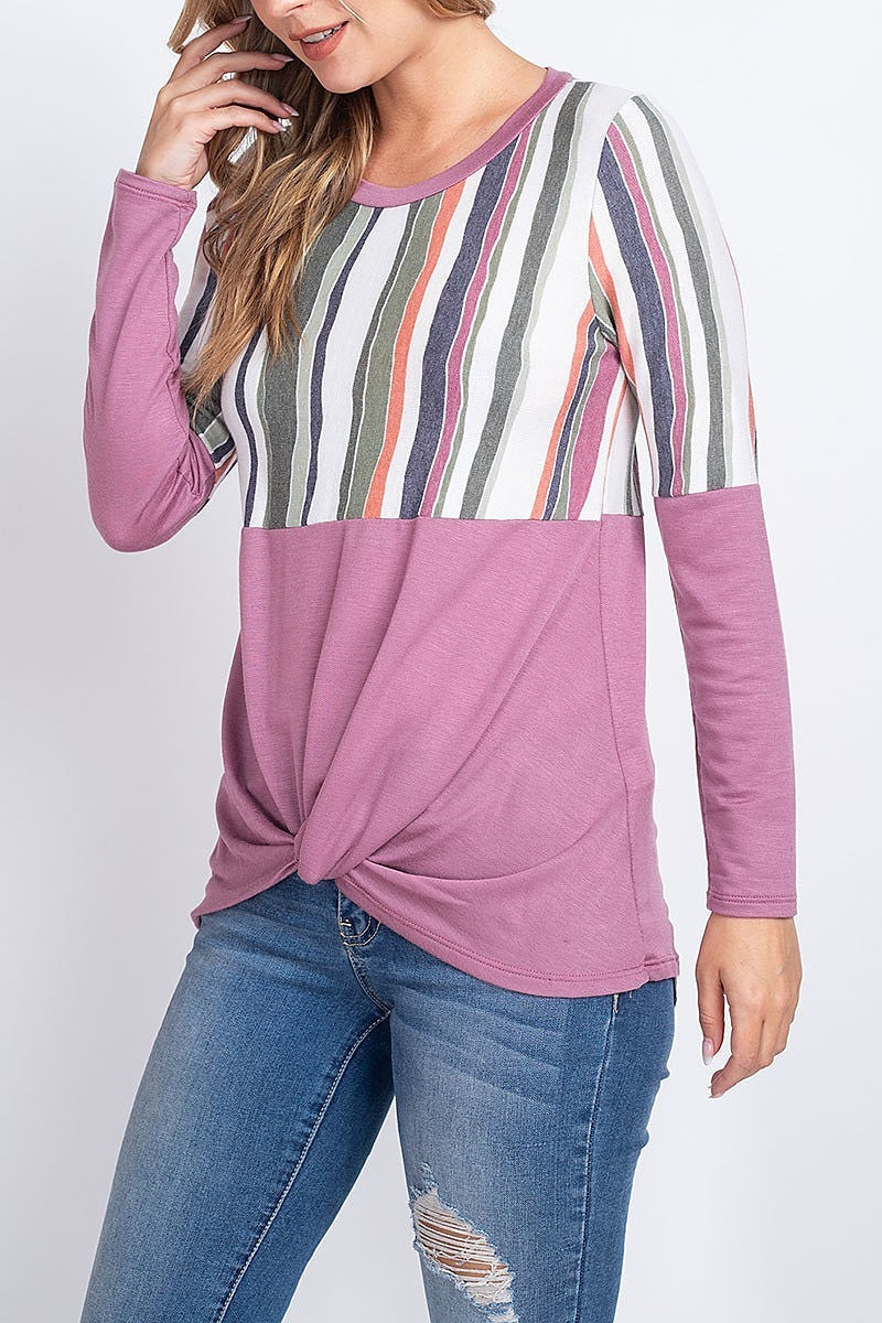 Stripe print twist hem color block top (EF1887)