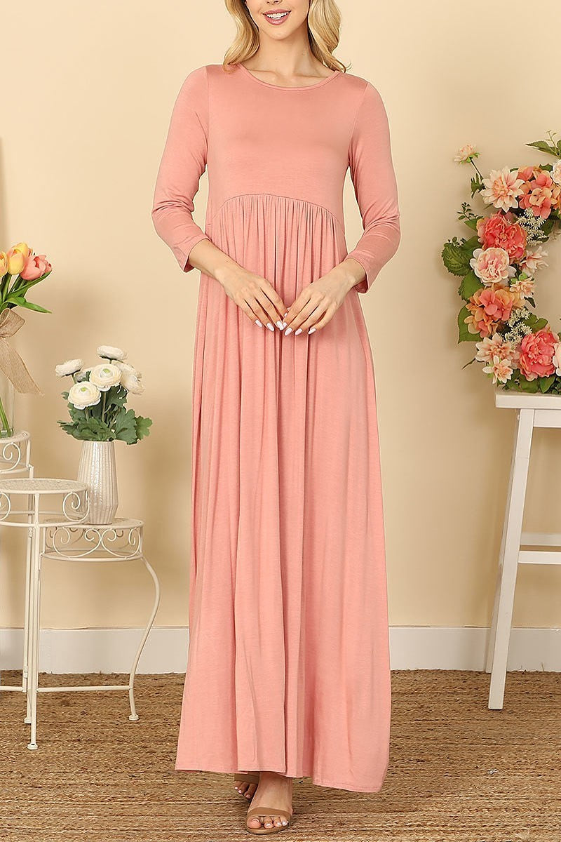 Quarter sleeve pleated waist solid maxi dress (DED9442)