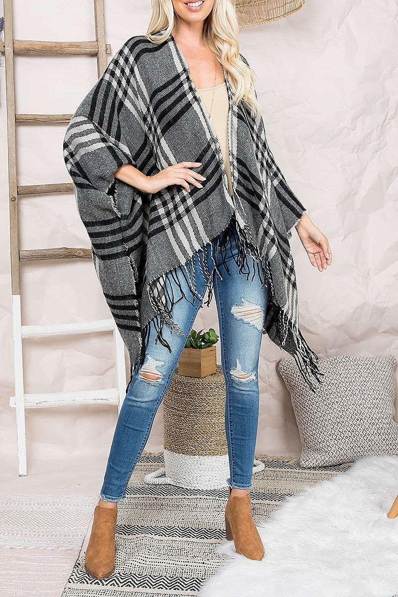 Plaid open front fringe ruana kimono (DGS5471-1)