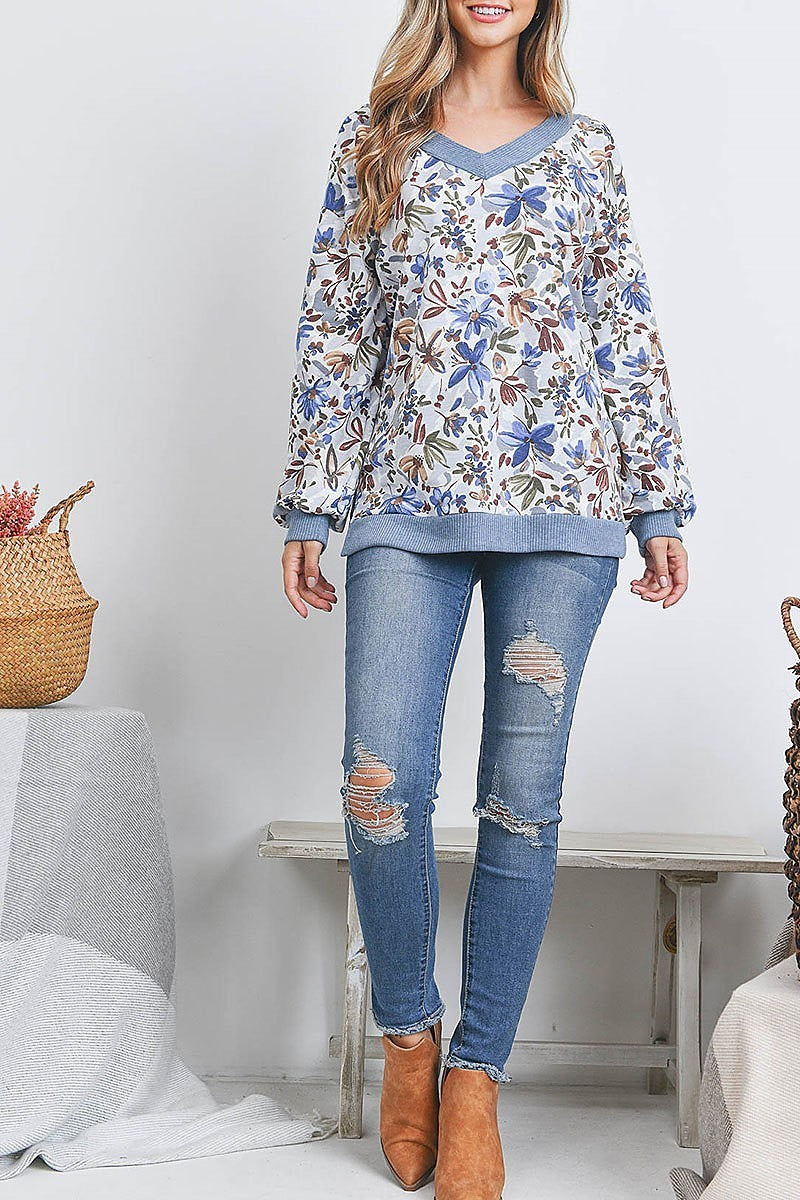 Front n back v neck bella rib band floral top (EF2268)