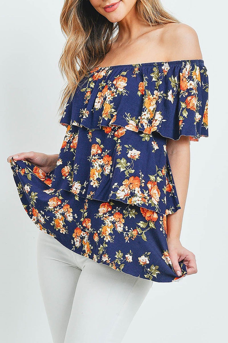 Off shoulder floral ruffle tiered layered top (ED8729-2)