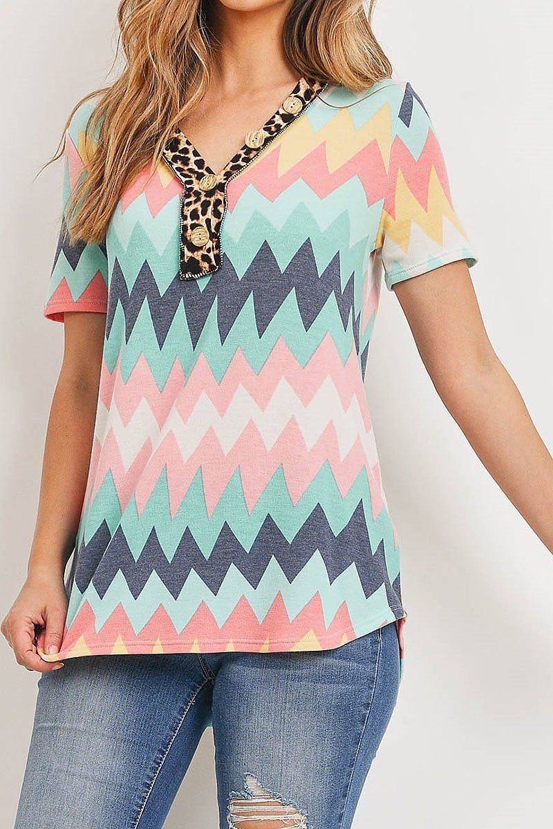 Animal chevron print color block top with button trim (ED8936-LAST)