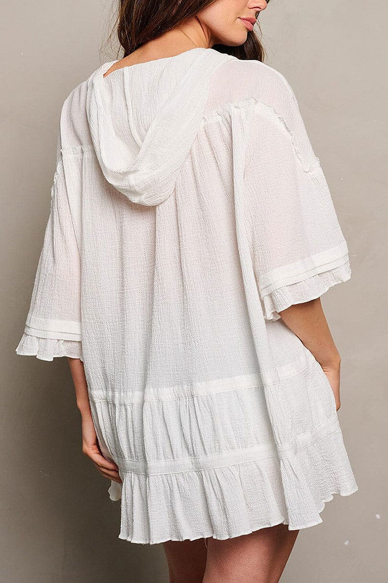 3/4 ruffle sleeve v-neck tiered hooded tunic top (EGWT1780)