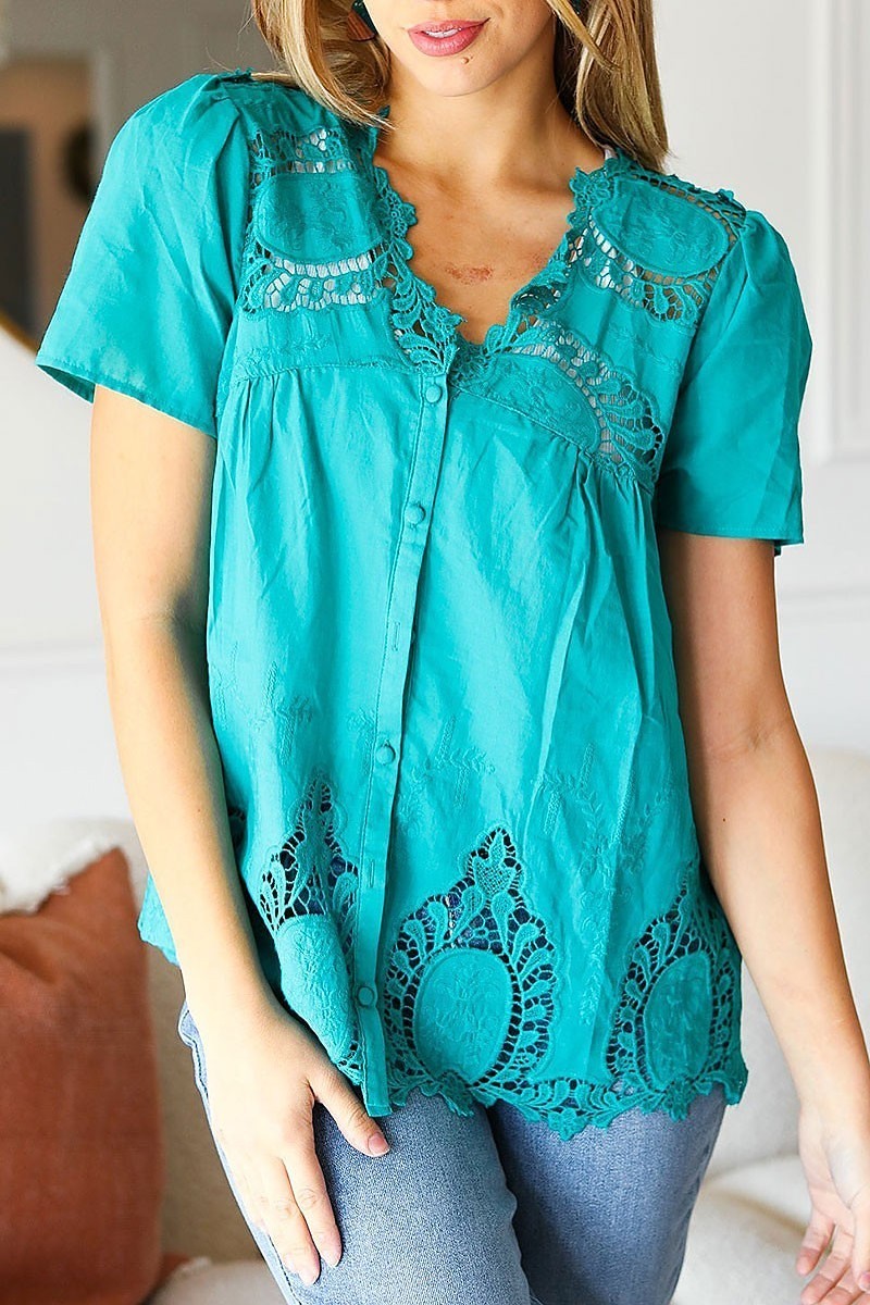 Cotton embroidered button down cotton top (ETBM5785)