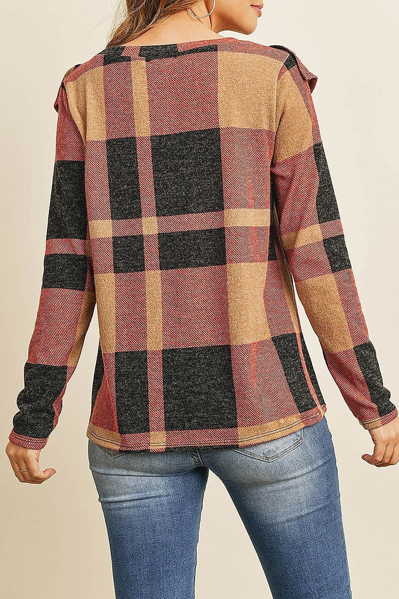 V shaped brushed plaid ruffle detail long sleeve top (ED8231)