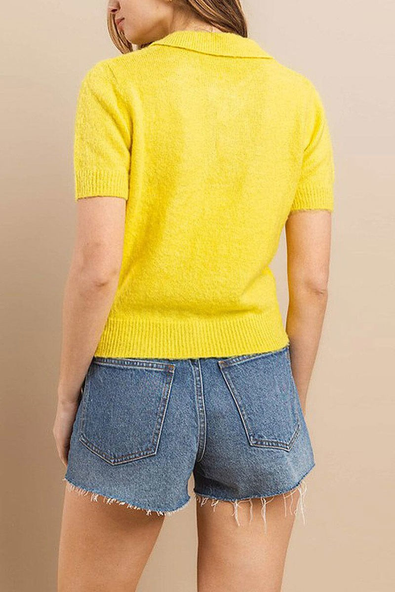 Short sleeve button closure fuzzy blouse top (EGWT1401)