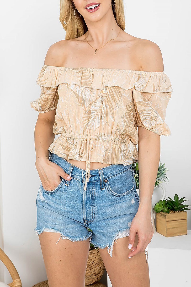 Off shoulder leaf print crop top (EF4187)