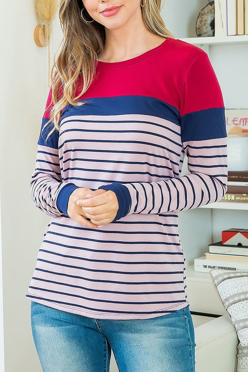 Long sleeve stripes contrast top (EF4714)