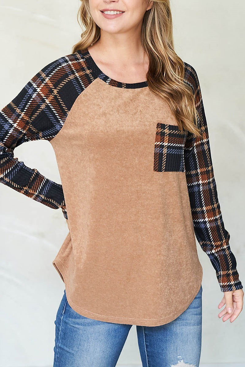 Plaid pocket and sleeves loop terry top (EF2732)