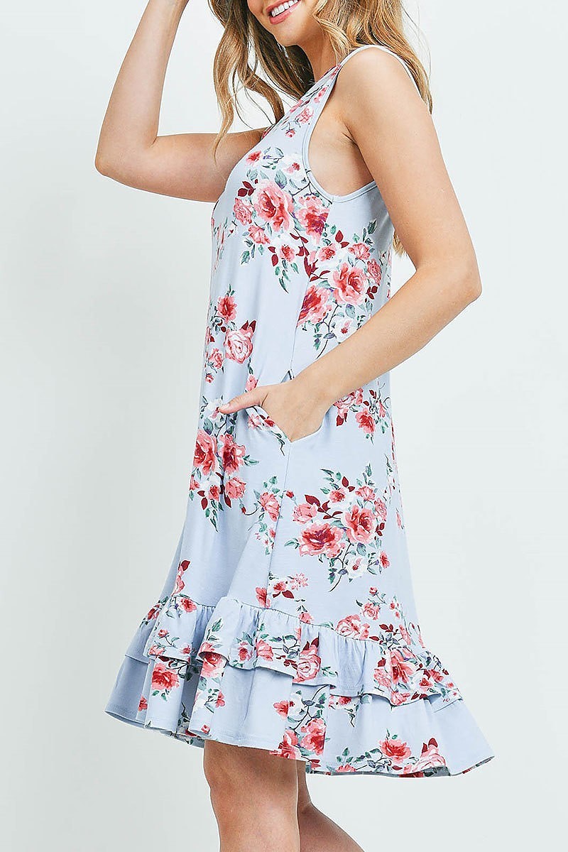 Sleeveless ruffle hem floral print pocket dress (DED6391)