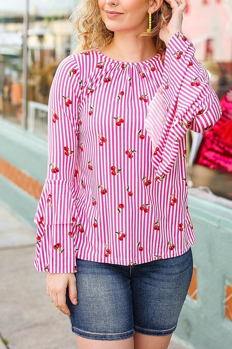 Bell sleeve cherry print top (ETBM4922)