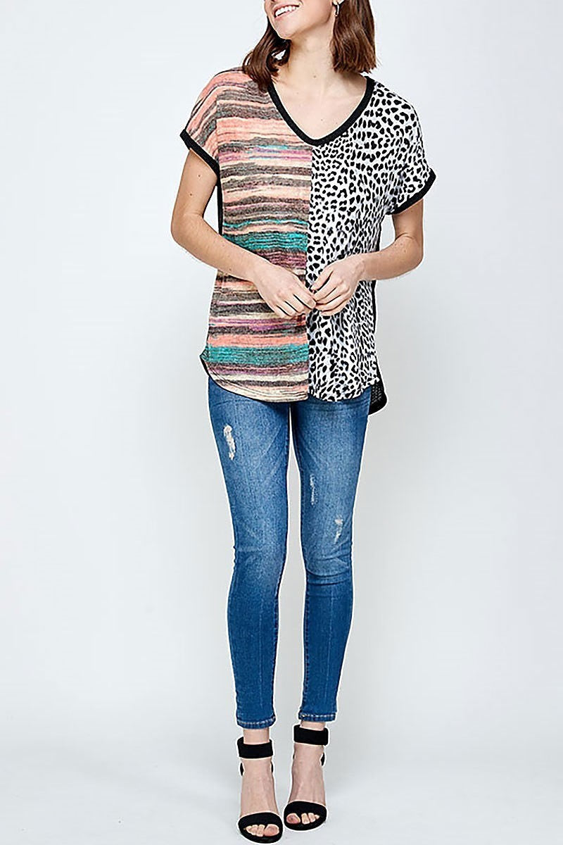 V neck stripe animal print color block top (ED9192-1)