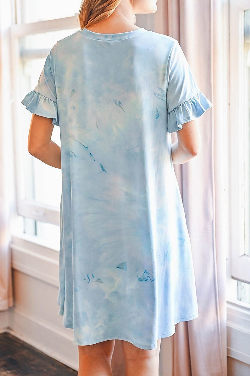 Tie dye ruffle sleeves v neck dress (DED6295)