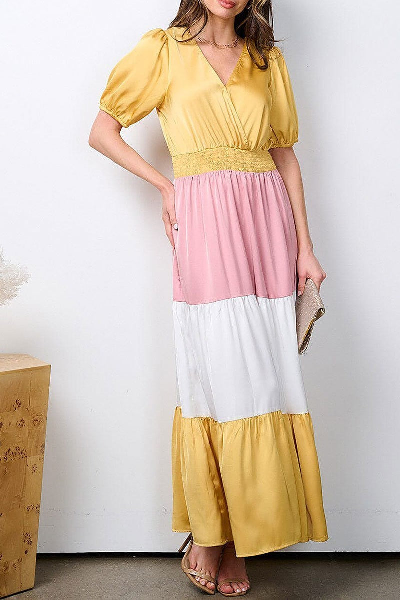 Surplice smock waist colorblock maxi dress (EFWT7326)