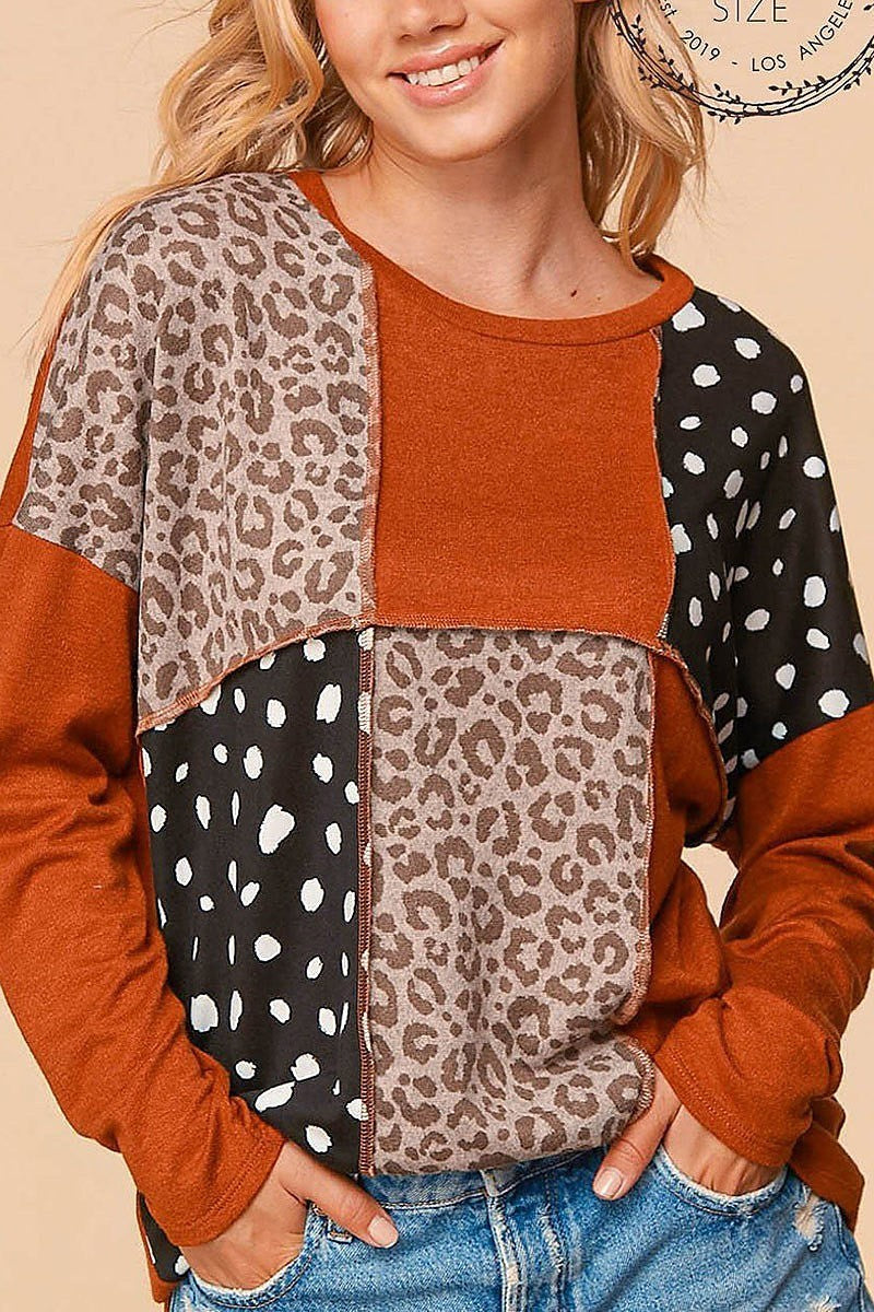 Animal print patchwork knit top (EDBM6601)