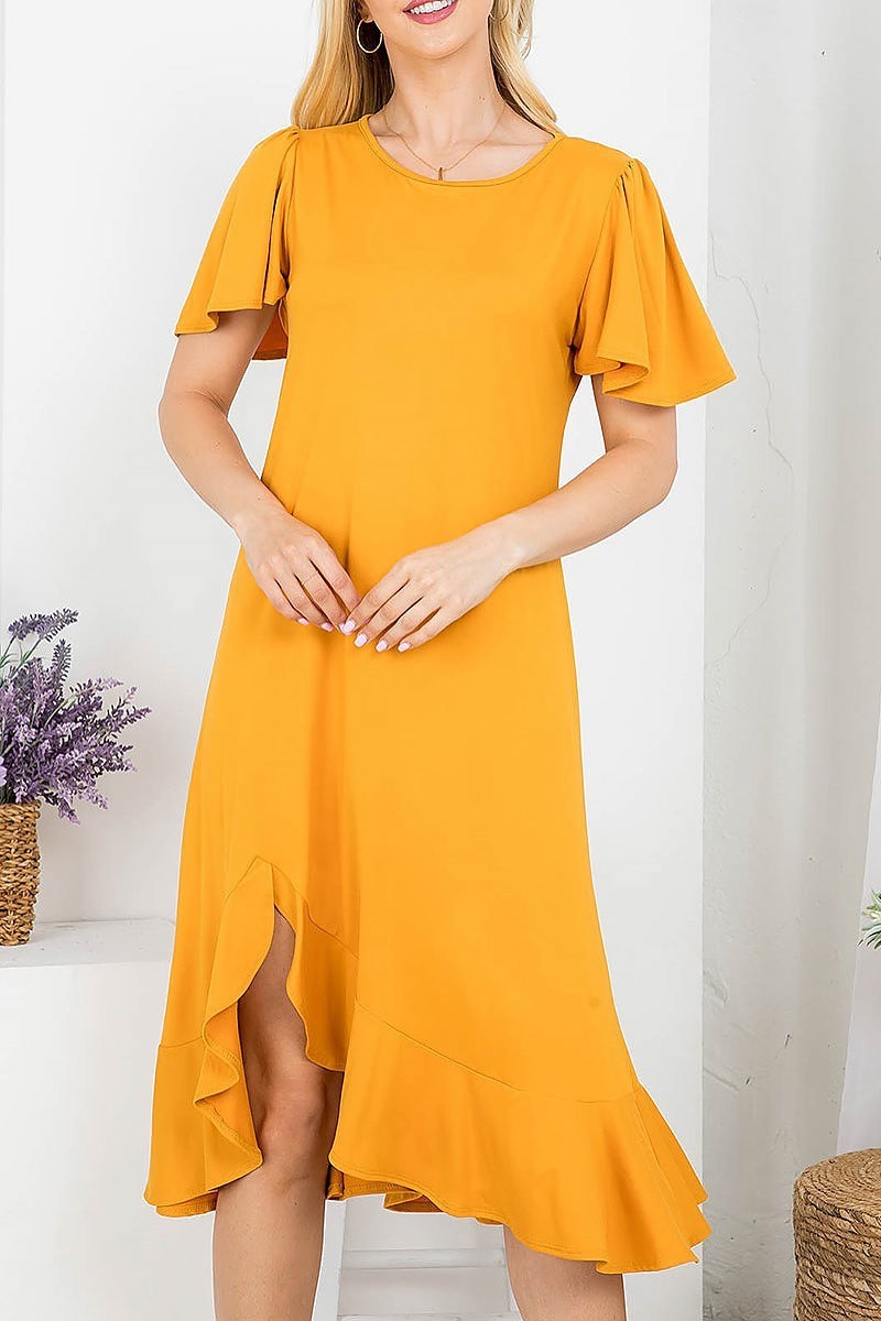 Flutter sleeve ruffle hem asymmetrical hem midi dress (DED7828)