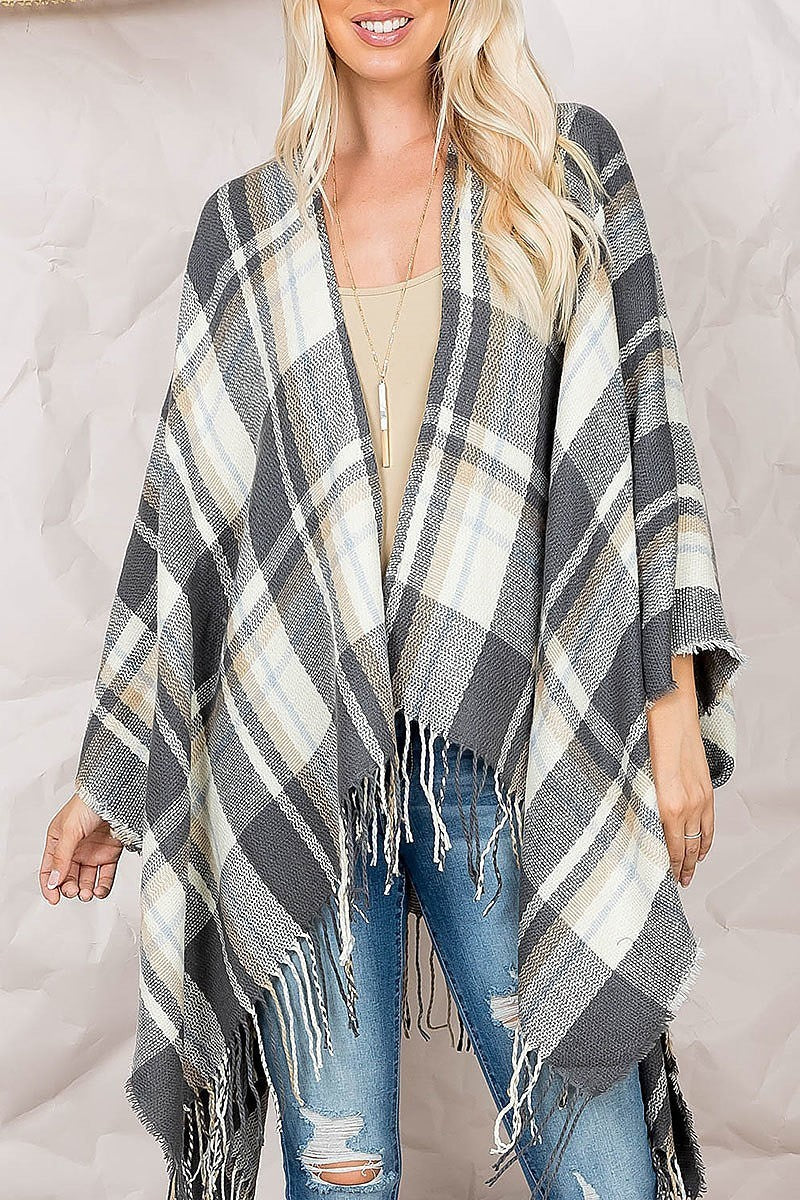 Plaid open front fringe ruana kimono (DGS5555)