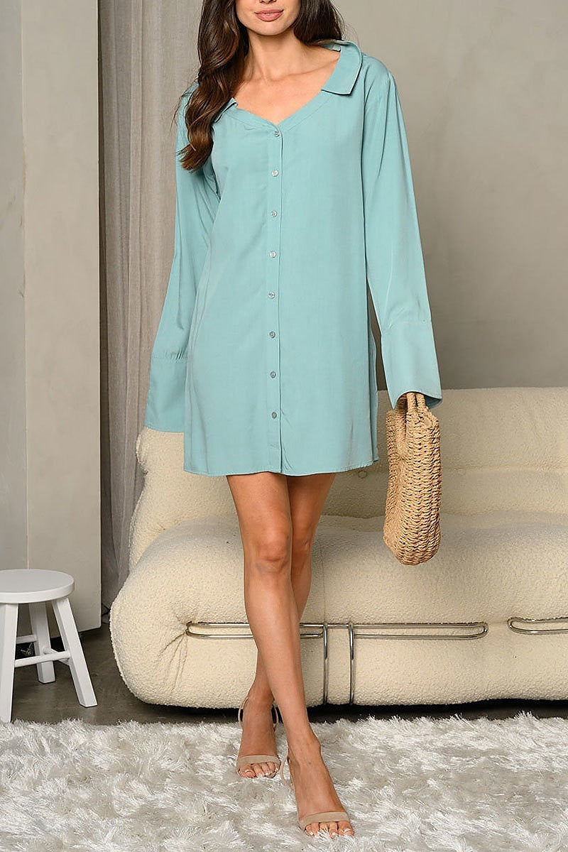 Long sleeve tunic collar button up mini dress (EDWT6351)