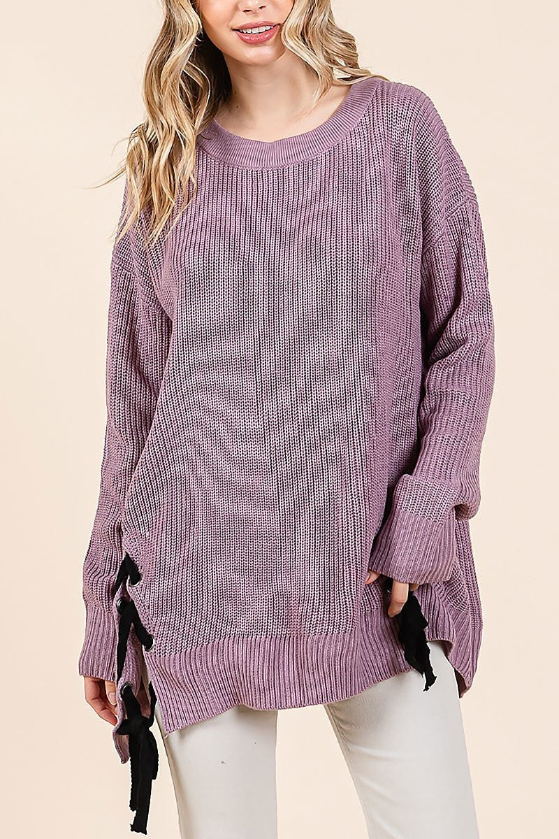 Crew neck drop shoulder sweater with lace up (EDH2127)