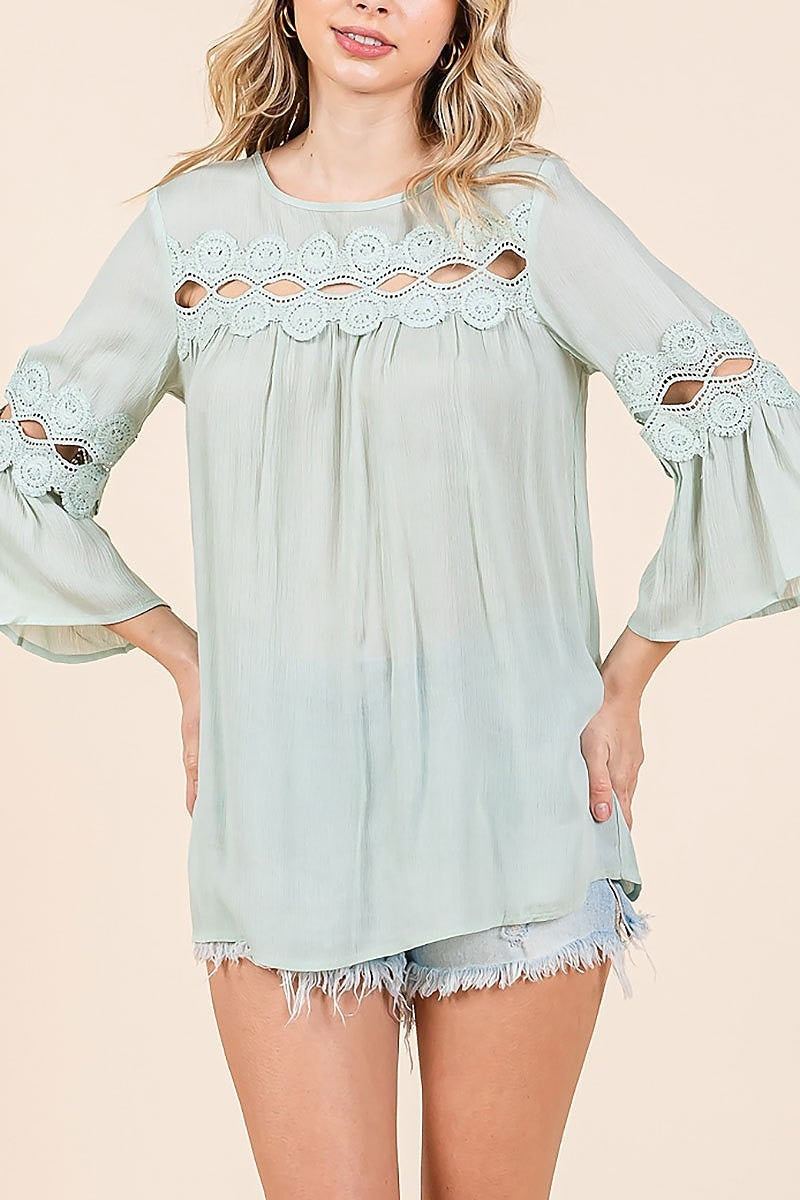 Textured 3/4 sleeve embroidered blouse top (EDH2148)