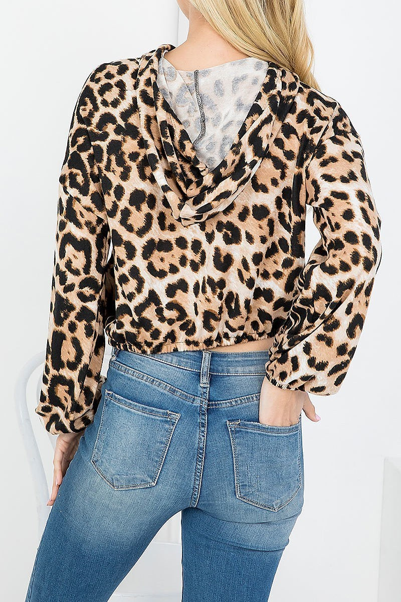 Cheetah print hooded drawstring stretch cuffed hem top (EF3669)