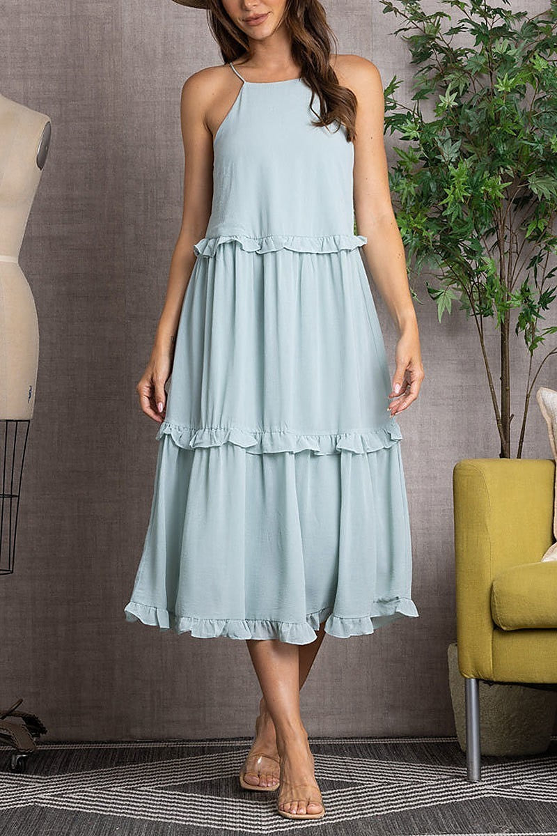 Crinkled halter neck ruffled midi dress (EDSW3287)