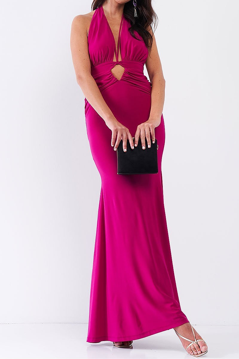 Halter neck front cutout detail ruched open back maxi dress (TDG7762-3)