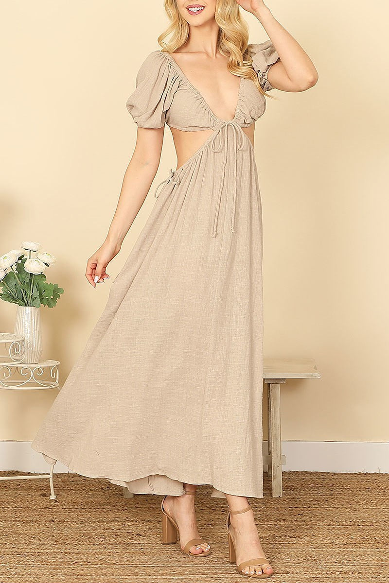 Side cut-out detail puff sleeve solid maxi dress (DED9493)