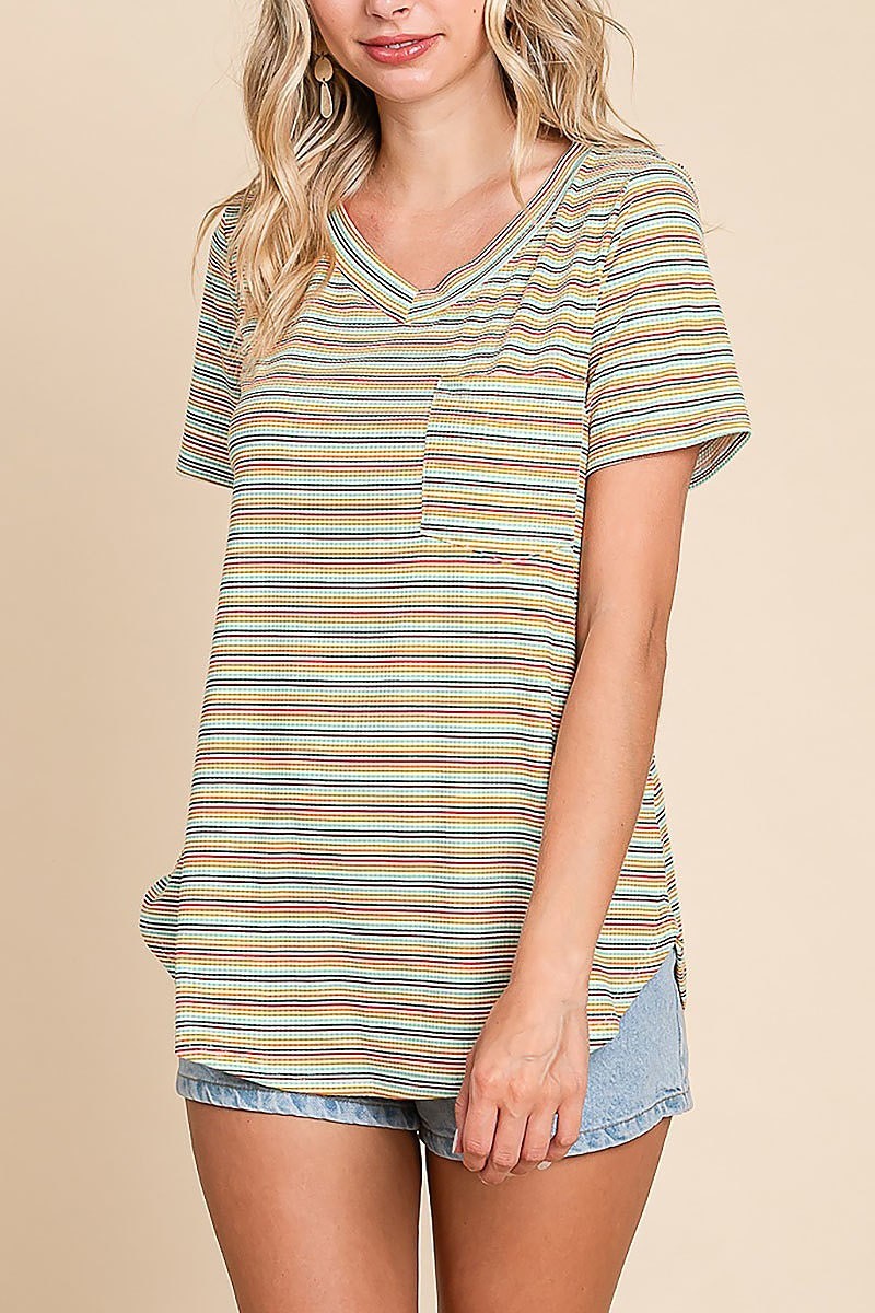 Multi color stripe waffle short sleeve knit top (EDH1512)