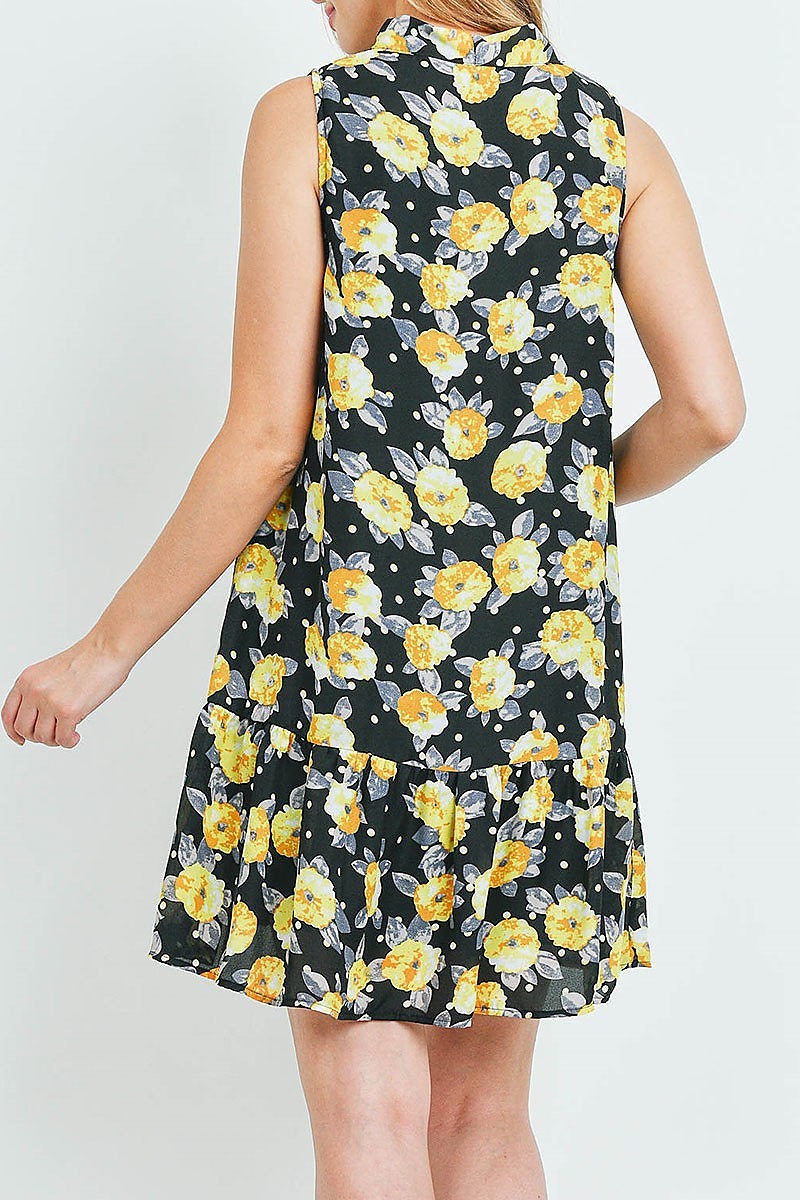 V neck tie neck detail floral polka dot ruffle hem dress (DED6156)