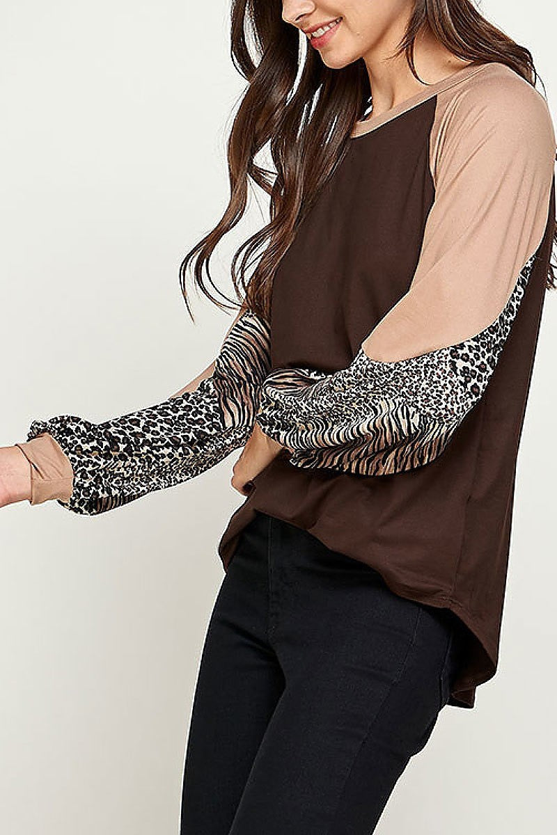 Mix animal print color block bubble sleeve top (EF2380)