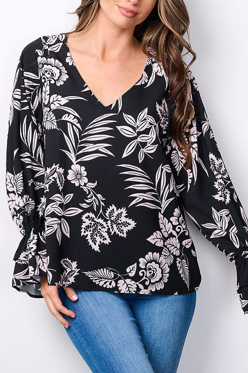 Long smock sleeves v-neck floral tunic blouse top (EFWT7482)