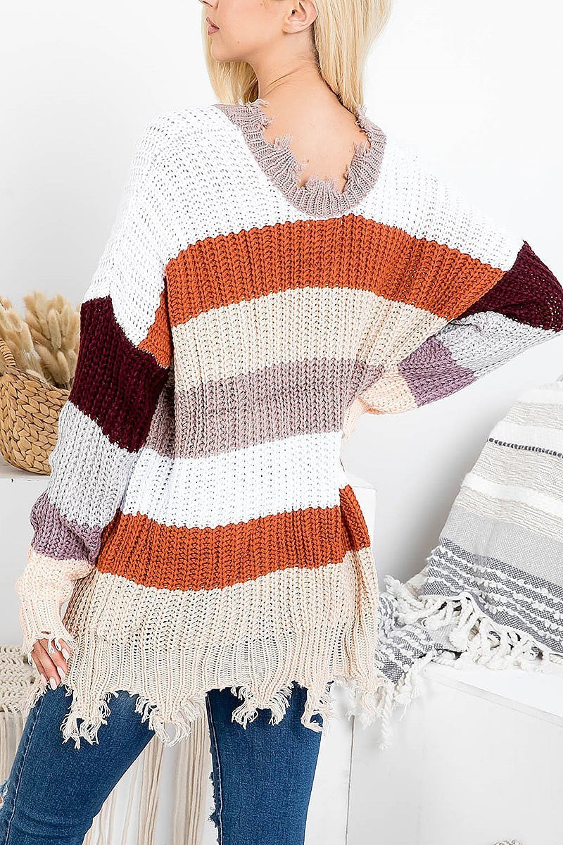 Distressed detail color block sweater (DGS5366-2)