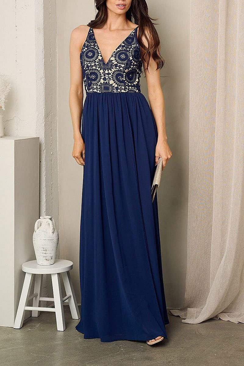 Sleeveless lace embroidery v-neck maxi gown dress (EFWT2387)