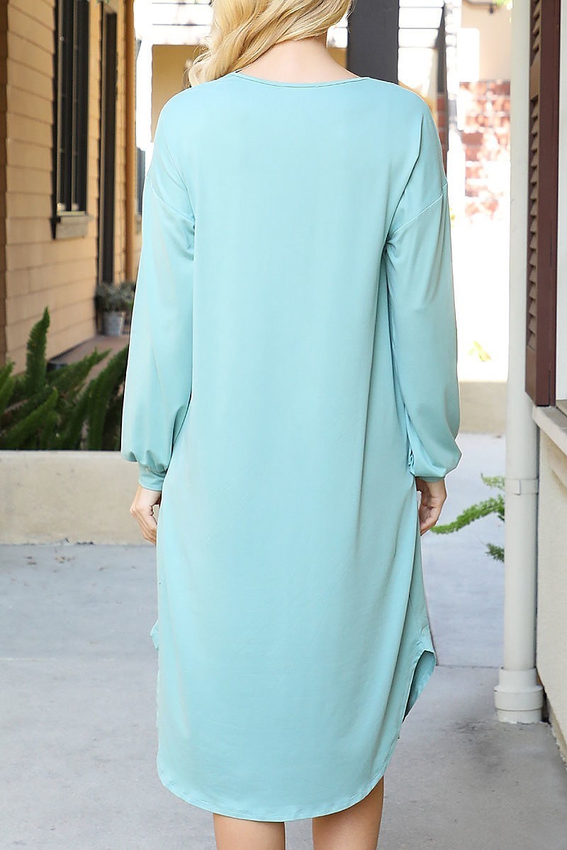 Solid v-neck long sleeve dolphin hem dress (DED8902-1)