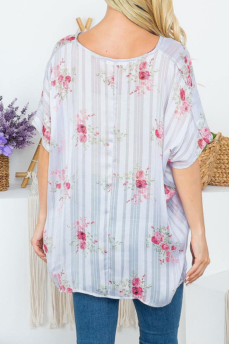 Stripe floral loose fit sheer top (EF4453)