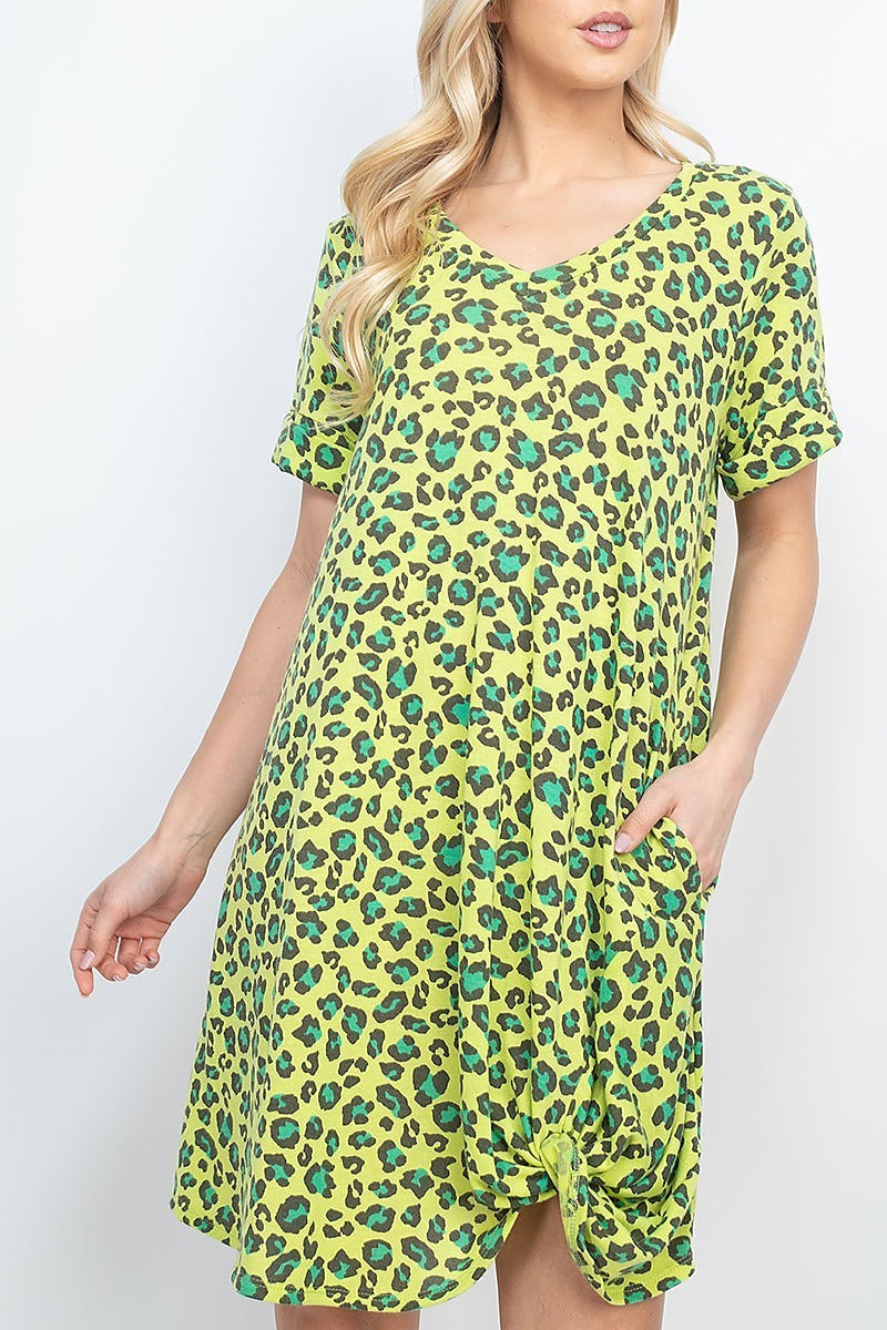 Rolled sleeve twist front hem leopard pocket dress (DED6577)