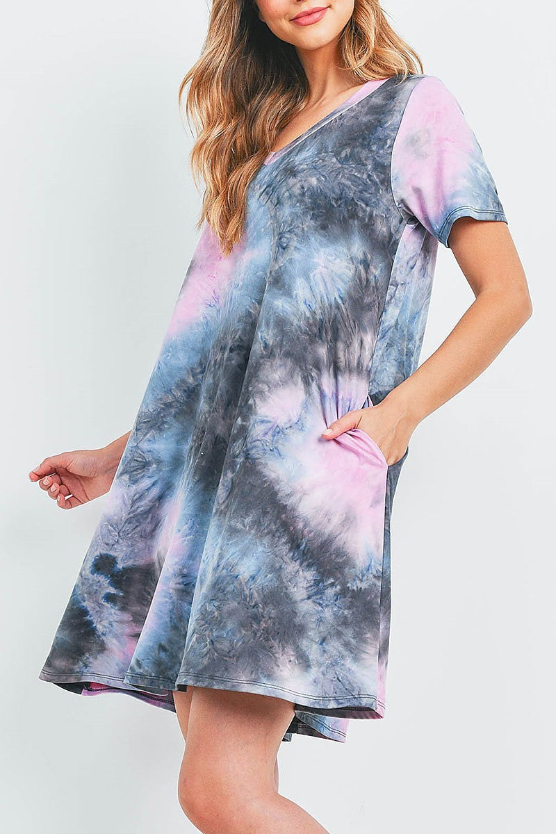 Tie dye v neck pocket swing dress (DED6476)